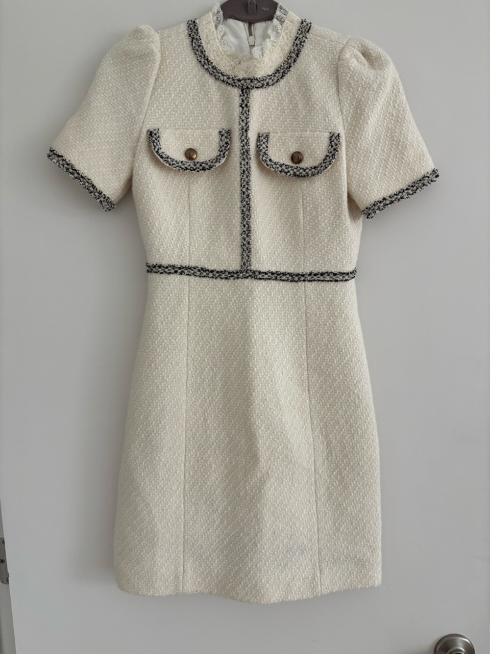 Sandro Cream Tweed Short-Sleeve Mini Dress with Black Trim